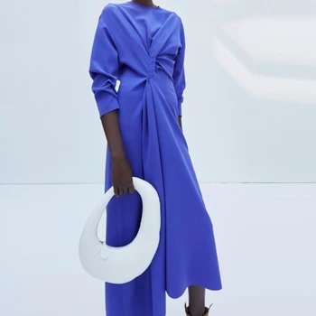 Muloong Modrá O Krk Morská víla Midi Šaty s Asymetrickým Lemom a Twist Detail Dlhé Šaty Členok Dĺžka Klasické Luxusné Večerné Šaty
